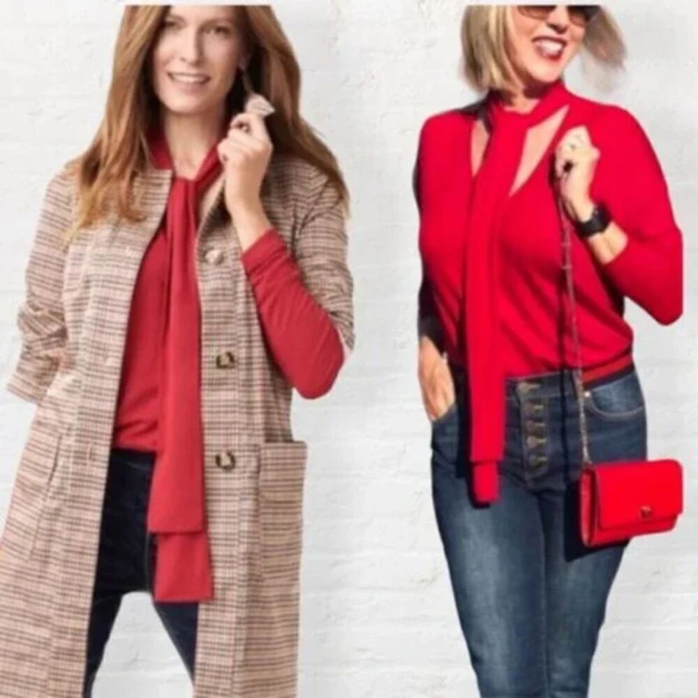 CABI Tess Tee Red Long Sleeve Oversized V-Neck Tie Pullover Top #3804 Size XS